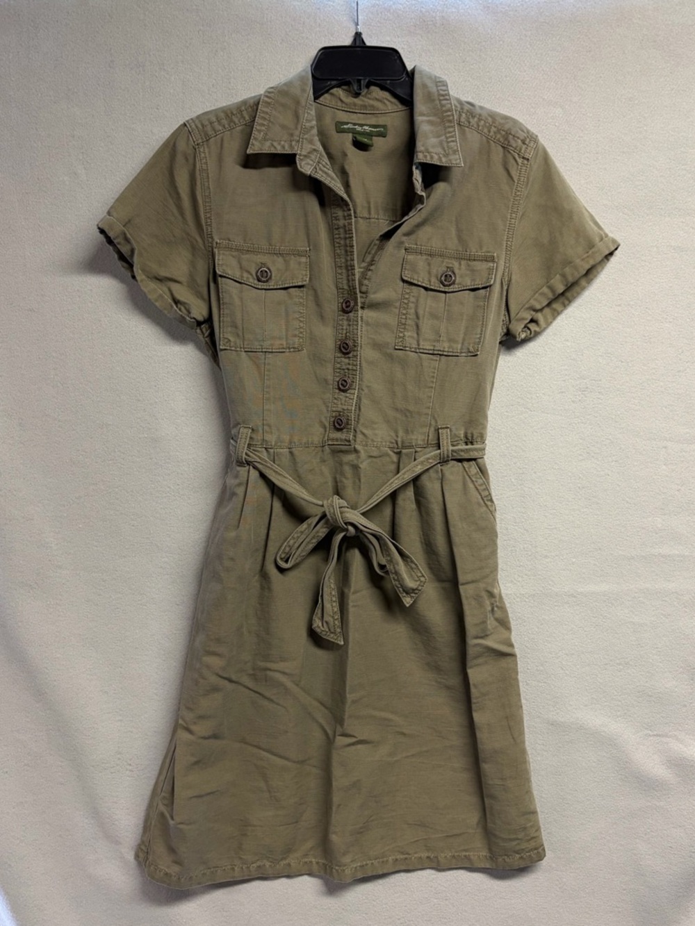 Eddie Bauer Short-Sleeve Utility Fit n Flare Belted Dress in Olive Green size 12